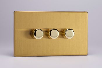 Varilight Flat Plate Screwless Brushed Brass 3-Gang 2-Way Push-On/Off Rotary LED Dimmer 3 x 0-120W (1-10 LEDs) (Twin Plate)
