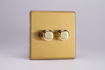 Varilight Flat Plate Screwless Brushed Brass 2-Gang 2-Way Push-On/Off Rotary LED Dimmer 2 x 0-120W (1-10 LEDs)