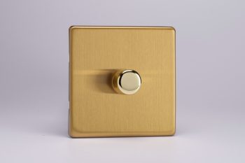 Varilight Flat Plate Screwless Brushed Brass 1-Gang 2-Way Push-On/Off Rotary LED Dimmer 1 x 0-120W (1-10 LEDs)