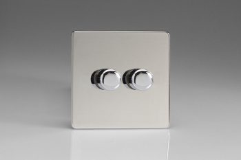 Varilight Flat Plate Screwless Polished Chrome 2-Gang 2-Way Push-On/Off Rotary LED Dimmer 2 x 0-120W (1-10 LEDs)
