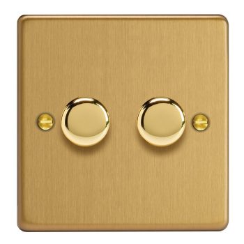 Varilight Essential Brushed Brass 2-Gang 2-Way V-Pro Push On/Off Rotary LED Dimmer 2 x 0-120W