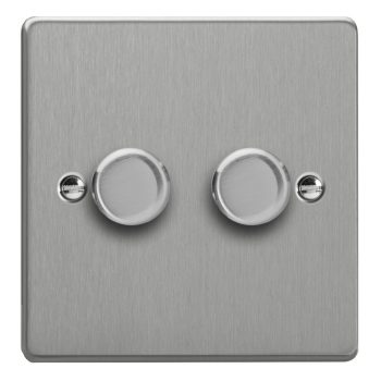 Varilight Essential Brused Steel 2-Gang 2-Way V-Pro Push On/Off Rotary LED Dimmer 2 x 0-120W