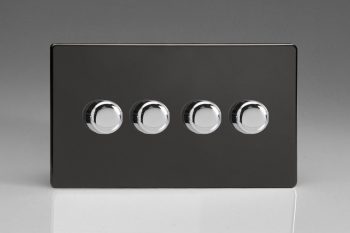 Varilight Flat Plate Screwless Jet Black 4-Gang 2-Way Push-On/Off Rotary LED Dimmer 4 x 0-120W (1-10 LEDs) (Twin Plate)