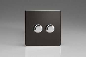 Varilight Flat Plate Screwless Jet Black 2-Gang 2-Way Push-On/Off Rotary LED Dimmer 2 x 0-120W (1-10 LEDs)