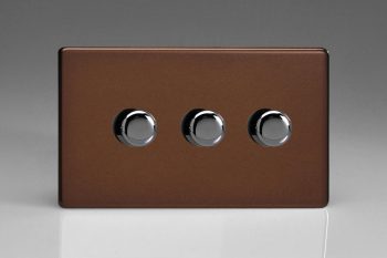 Varilight Flat Plate Screwless Mocha 3-Gang 2-Way Push-On/Off Rotary LED Dimmer 3 x 0-120W (1-10 LEDs) (Twin Plate)