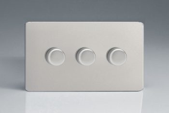 Varilight Flat Plate Screwless Satin Chrome 3-Gang 2-Way Push-On/Off Rotary LED Dimmer 3 x 0-120W (1-10 LEDs) (Twin Plate)