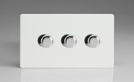Varilight Flat Plate Screwless Premium White 3-Gang 2-Way Push-On/Off Rotary LED Dimmer 3 x 0-120W (1-10 LEDs) (Twin Plate)