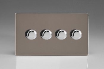 Varilight Flat Plate Screwless Pewter 4-Gang 2-Way Push-On/Off Rotary LED Dimmer 4 x 0-120W (1-10 LEDs) (Twin Plate)