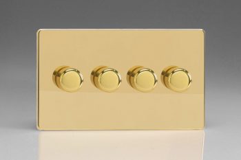Varilight Flat Plate Screwless Polished Brass 4-Gang 2-Way Push-On/Off Rotary LED Dimmer 4 x 0-120W (1-10 LEDs) (Twin Plate)