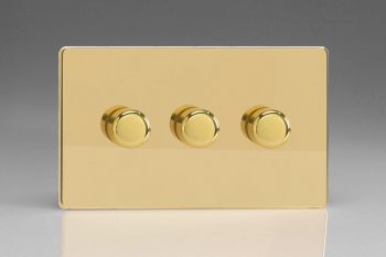 Varilight Flat Plate Screwless Polished Brass 3-Gang 2-Way Push-On/Off Rotary LED Dimmer 3 x 0-120W (1-10 LEDs) (Twin Plate)
