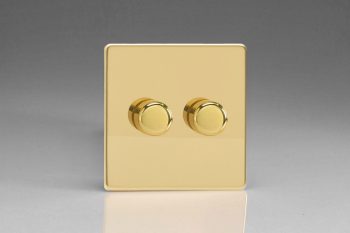 Varilight Flat Plate Screwless Polished Brass 2-Gang 2-Way Push-On/Off Rotary LED Dimmer 2 x 0-120W (1-10 LEDs)