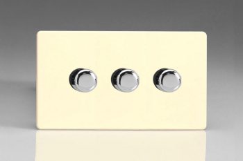Varilight Flat Plate Screwless White Chocolate 3-Gang 2-Way Push-On/Off Rotary LED Dimmer 3 x 0-120W (1-10 LEDs) (Twin Plate)