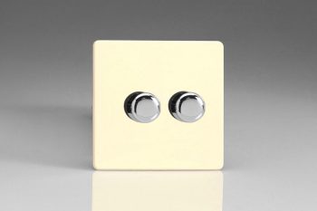 Varilight Flat Plate Screwless White Chocolate 2-Gang 2-Way Push-On/Off Rotary LED Dimmer 2 x 0-120W (1-10 LEDs)