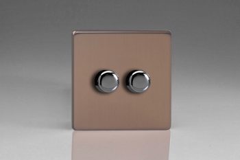 Varilight Flat Plate Screwless Brushed Bronze 2-Gang 2-Way Push-On/Off Rotary LED Dimmer 2 x 0-120W (1-10 LEDs)