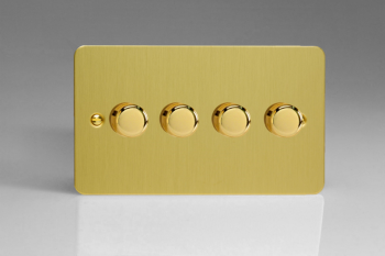 Varilight Ultraflat Brushed Brass 4-Gang 2-Way Push-On/Off Rotary LED Dimmer 4 x 0-120W (1-10 LEDs) (Twin Plate)