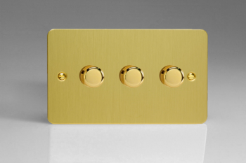 Varilight Ultraflat Brushed Brass 3-Gang 2-Way Push-On/Off Rotary LED Dimmer 3 x 0-120W (1-10 LEDs) (Twin Plate)