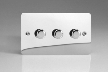 Varilight Ultraflat Polished Chrome 3-Gang 2-Way Push-On/Off Rotary LED Dimmer 3 x 0-120W (1-10 LEDs) (Twin Plate)