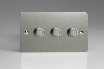 Varilight Ultraflat Brushed Steel 3-Gang 2-Way Push-On/Off Rotary LED Dimmer 3 x 0-120W (1-10 LEDs) (Twin Plate)