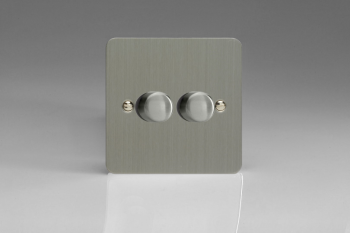 Varilight Ultraflat Brushed Steel 2-Gang 2-Way Push-On/Off Rotary LED Dimmer 2 x 0-120W (1-10 LEDs)