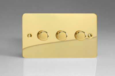 Varilight Ultraflat Polished Brass 3-Gang 2-Way Push-On/Off Rotary LED Dimmer 3 x 0-120W (1-10 LEDs) (Twin Plate)