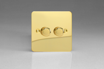 Varilight Ultraflat Polished Brass 2-Gang 2-Way Push-On/Off Rotary LED Dimmer 2 x 0-120W (1-10 LEDs)