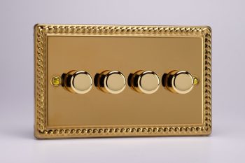 Varilight Classic Georgian Brass 4-Gang 2-Way Push-On/Off Rotary LED Matrix Dimmer 4 x 15-180W (max 20 LEDs) (Twin Plate)