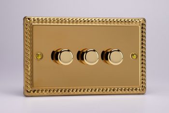 Varilight Classic Georgian Brass 3-Gang 2-Way Push-On/Off Rotary LED Dimmer 3 x 0-120W (1-10 LEDs) (Twin Plate)