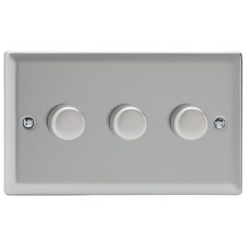 Varilight Classic Satin Chrome 3-Gang 2-Way Push-On/Off Rotary LED Dimmer 3 x 0-120W (1-10 LEDs) (Twin Plate)