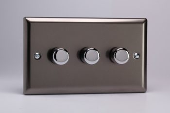 Varilight Classic Pewter V-Pro  3-Gang 2-Way Push-On/Off Rotary LED Dimmer 3 x 0-120W (1-10 LEDs) (Twin Plate)