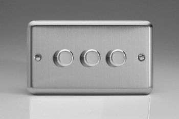 Varilight Classic Matt Chrome 3-Gang 2-Way Push-On/Off Rotary LED Dimmer 3 x 0-120W (1-10 LEDs) (Twin Plate)