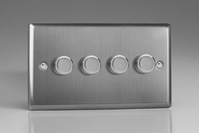 Varilight Classic Brushed Steel 4-Gang 2-Way Push-On/Off Rotary LED Dimmer 4 x 0-120W (1-10 LEDs) (Twin Plate)