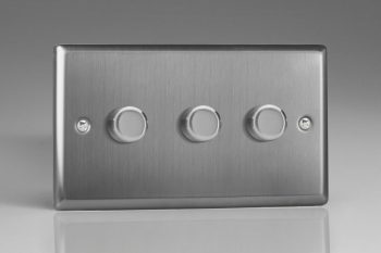 Varilight Classic Brushed Steel 3-Gang 2-Way Push-On/Off Rotary LED Dimmer 3 x 0-120W (1-10 LEDs) (Twin Plate)
