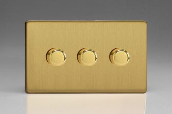 Varilight Flat Plate Screwless Brushed Brass 3-Gang 2-Way Push-On/Off Rotary LED Matrix Dimmer 3 x 15-180W (max 20 LEDs) (Twin Plate)