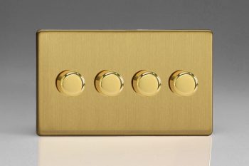 Varilight Flat Plate Screwless Brushed Brass 4-Gang 2-Way Push-On/Off Rotary LED Matrix Dimmer 4 x 15-180W (max 20 LEDs) (Twin Plate)