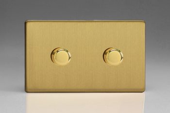 Varilight Flat Plate Screwless Brushed Brass 2-Gang 2-Way Push-On/Off Rotary LED Matrix Dimmer 2 x 20-300W (max 36 LEDs) (Twin Plate)