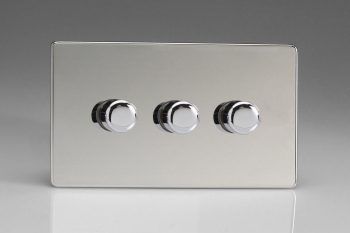 Varilight Flat Plate Screwless Polished Chrome 3-Gang 2-Way Push-On/Off Rotary LED Matrix Dimmer 3 x 15-180W (max 20 LEDs) (Twin Plate)