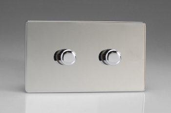 Varilight Flat Plate Screwless Polished Chrome 2-Gang 2-Way Push-On/Off Rotary LED Matrix Dimmer 2 x 20-300W (max 36 LEDs) (Twin Plate)