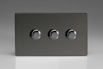 Varilight Flat Plate Screwless Iridium Black 3-Gang 2-Way Push-On/Off Rotary LED Matrix Dimmer 3 x 15-180W (max 20 LEDs) (Twin Plate)