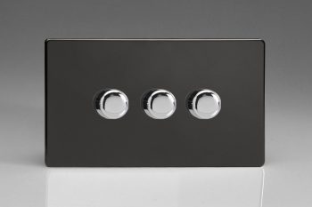 Varilight Flat Plate Screwless Jet Black 3-Gang 2-Way Push-On/Off Rotary LED Matrix Dimmer 3 x 15-180W (max 20 LEDs) (Twin Plate)