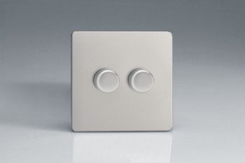 Varilight Flat Plate Screwless Satin Chrome 2-Gang 2-Way Push-On/Off Rotary LED Matrix Dimmer 2 x 15-180W (max 20 LEDs)