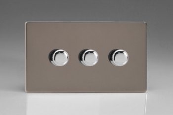 Varilight Flat Plate Screwless Pewter 3-Gang 2-Way Push-On/Off Rotary LED Matrix Dimmer 3 x 15-180W (max 20 LEDs) (Twin Plate)