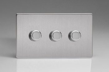 Varilight Flat Plate Screwless Brushed Steel 3-Gang 2-Way Push-On/Off Rotary LED Matrix Dimmer 3 x 15-180W (max 20 LEDs) (Twin Plate)