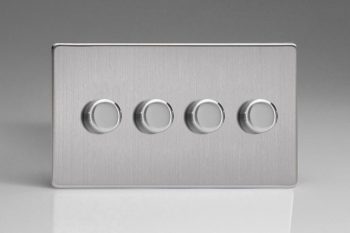 Varilight Flat Plate Screwless Brushed Steel 4-Gang 2-Way Push-On/Off Rotary LED Matrix Dimmer 4 x 15-180W (max 20 LEDs) (Twin Plate)