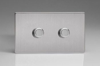 Varilight Flat Plate Screwless Brushed Steel 2-Gang 2-Way Push-On/Off Rotary LED Matrix Dimmer 2 x 20-300W (max 36 LEDs) (Twin Plate)