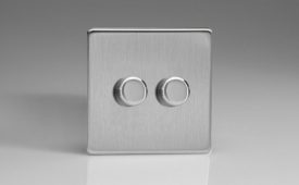Varilight Flat Plate Screwless Brushed Steel 2-Gang 2-Way Push-On/Off Rotary LED Matrix Dimmer 2 x 15-180W (max 20 LEDs)