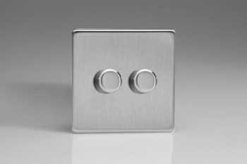 Varilight Flat Plate Screwless Brushed Steel 2-Gang 2-Way Push-On/Off Rotary LED Matrix Dimmer 2 x 15-180W (max 20 LEDs)