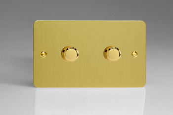 Varilight Ultraflat Brushed Brass 2-Gang 2-Way Push-On/Off Rotary LED Dimmer 2 x 20-300W (max 36 LEDs) (Twin Plate)