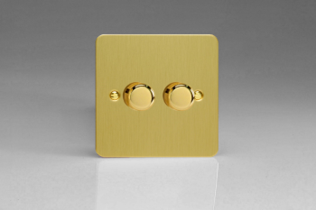 Varilight Ultraflat Brushed Brass 2-Gang 2-Way Push-On/Off Rotary LED Dimmer 2 x 15-180W (max 20 LEDs)