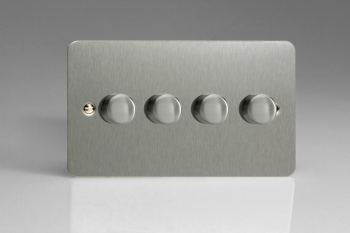 Varilight Ultraflat Brushed Steel 4-Gang 2-Way Push-On/Off Rotary LED Matrix Dimmer 4 x 15-180W (max 20 LEDs) (Twin Plate)