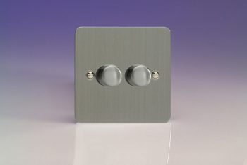 Varilight Ultraflat Brushed Steel V-Com 2-Gang 2-Way Push-On/Off Rotary LED Matrix Dimmer 2 x 15-180W (max 20 LEDs)